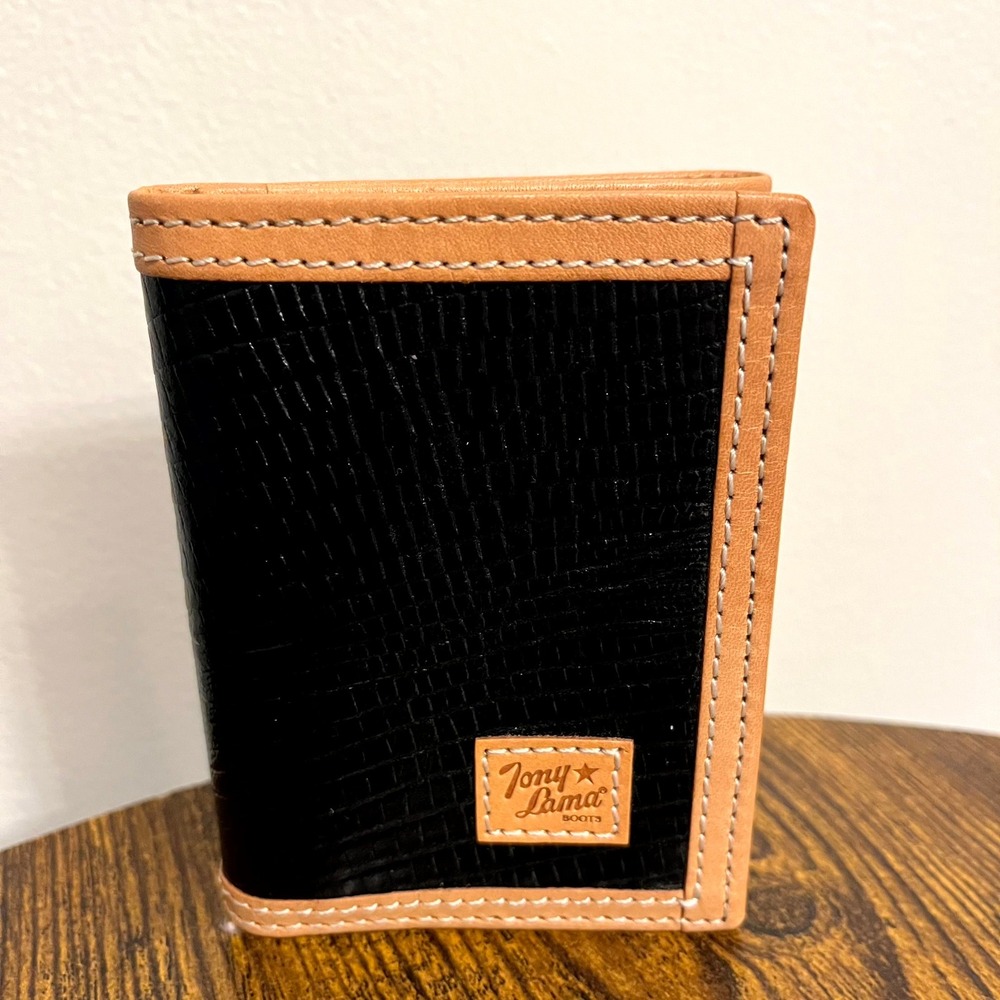 Tony Lama Trifold Wallet Black Lizard Embossed Genuine Leather Trim Mens OS